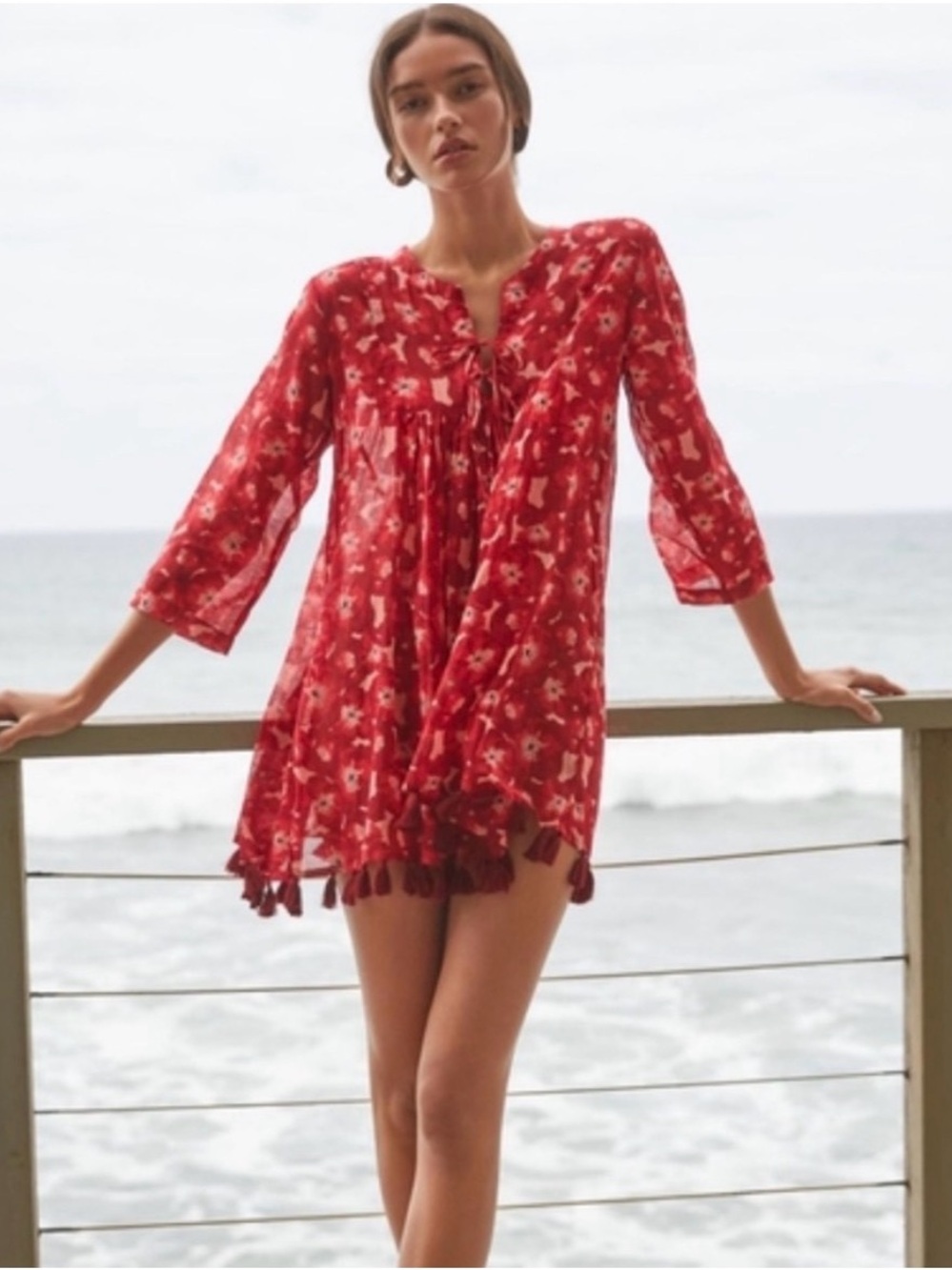 Ro's Garden Seychelles Tunic Dress Women's Medium Floral Red Tassel Coverup